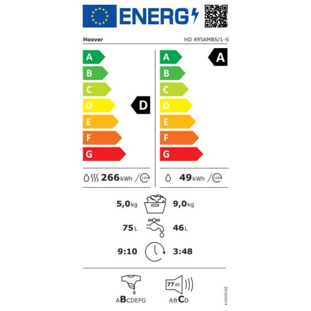 Hoover HD 495AMBS/1-S Was-droogcombinatie 9/5 kg 1400 tpm Power Care WiFi