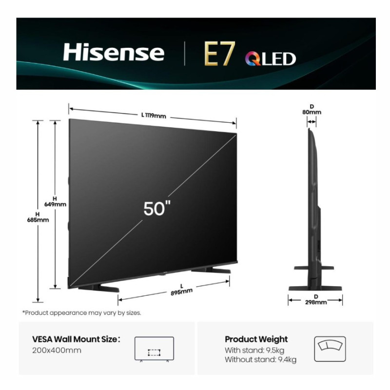 Hisense 50E7Q TV 127 cm (50") 4K Ultra HD Smart TV Wifi Noir