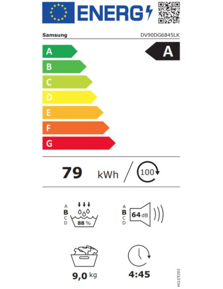 Samsung DV90DG6845LKU3 sèche-linge Pose libre Charge avant 9 kg Blanc