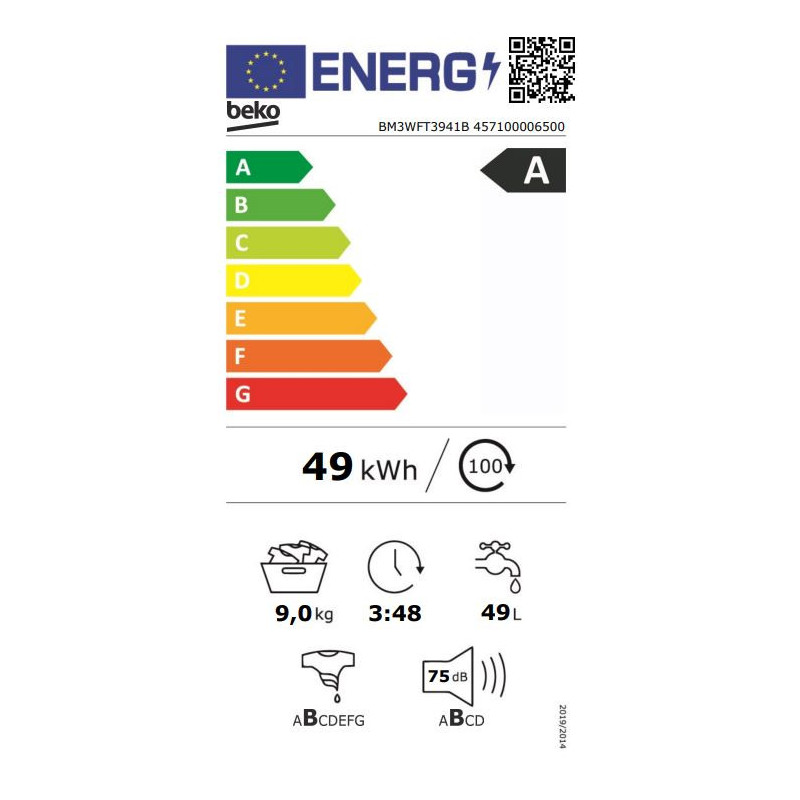 Beko b300 BM3WFT3941B wasmachine Voorbelading 9 kg 1400 RPM Wit