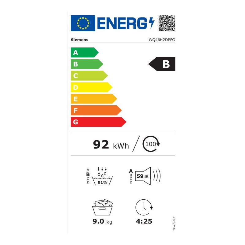 Siemens iQ500 WQ46H2DPFG sèche-linge Pose libre Charge avant 9 kg Blanc