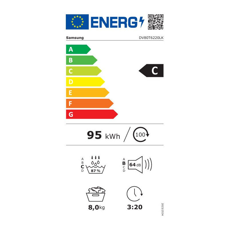 Samsung DV80T6220LK sèche-linge Pose libre Charge avant 8 kg Blanc