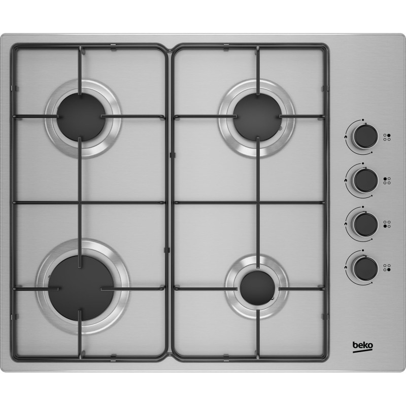 Beko TAQUE GAZ HIGG64123SX Noir, Acier inoxydable Intégré 61 cm 4 zone(s)