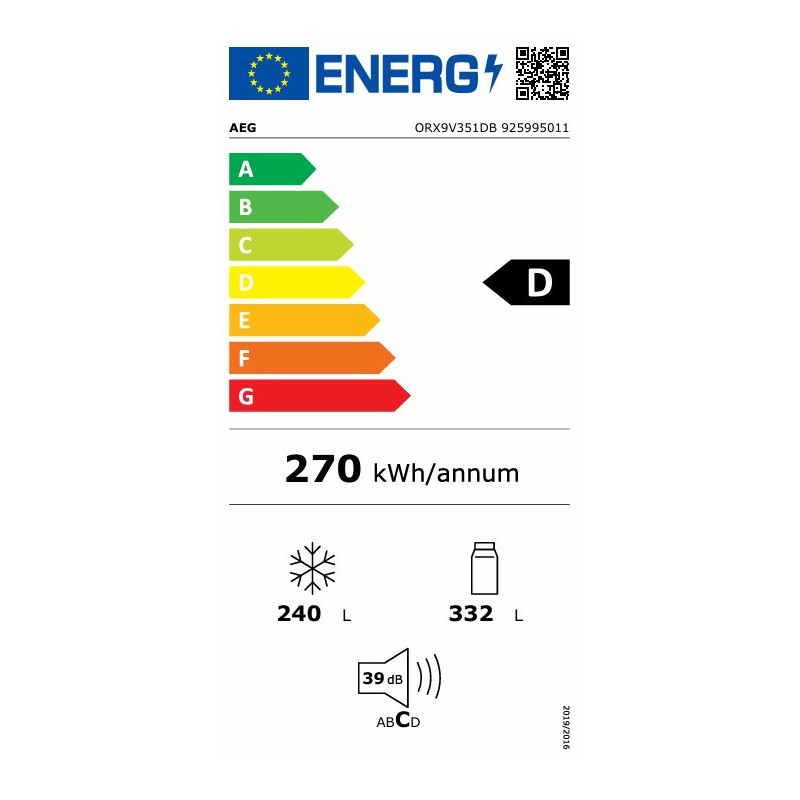 AEG ORX9V351DB réfrigérateur américain 572L Classe énergétique D No Frost